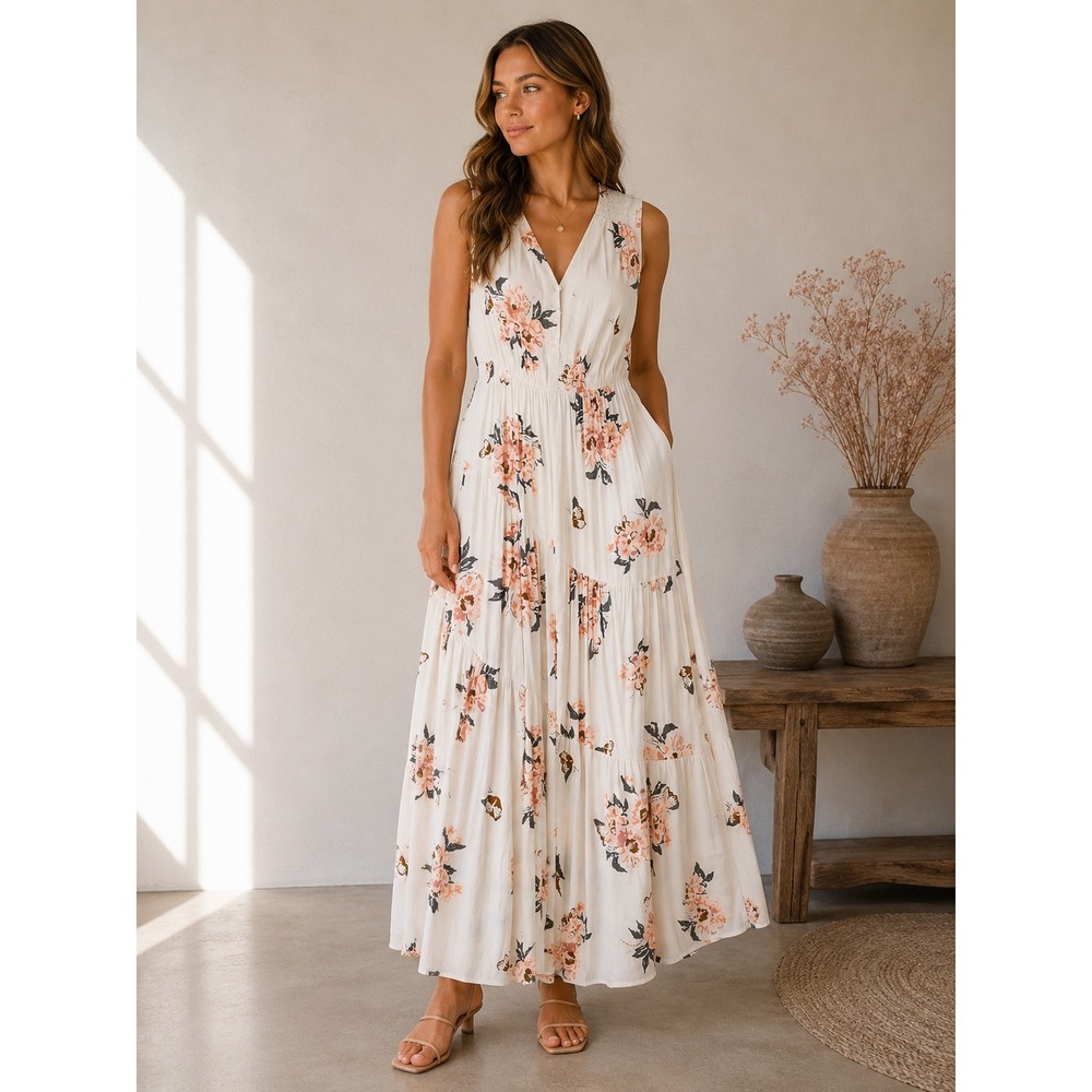 Free People All I Got Maxi Dress Butterfly Effect Floral Tiered Cream Pink 6 - Picture 12 of 13